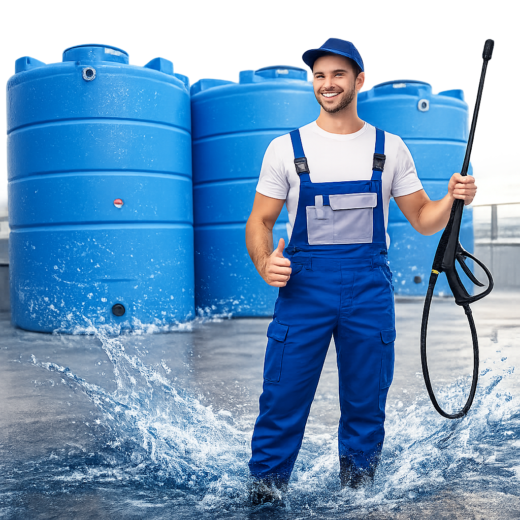 Technician cleaning a water tank
